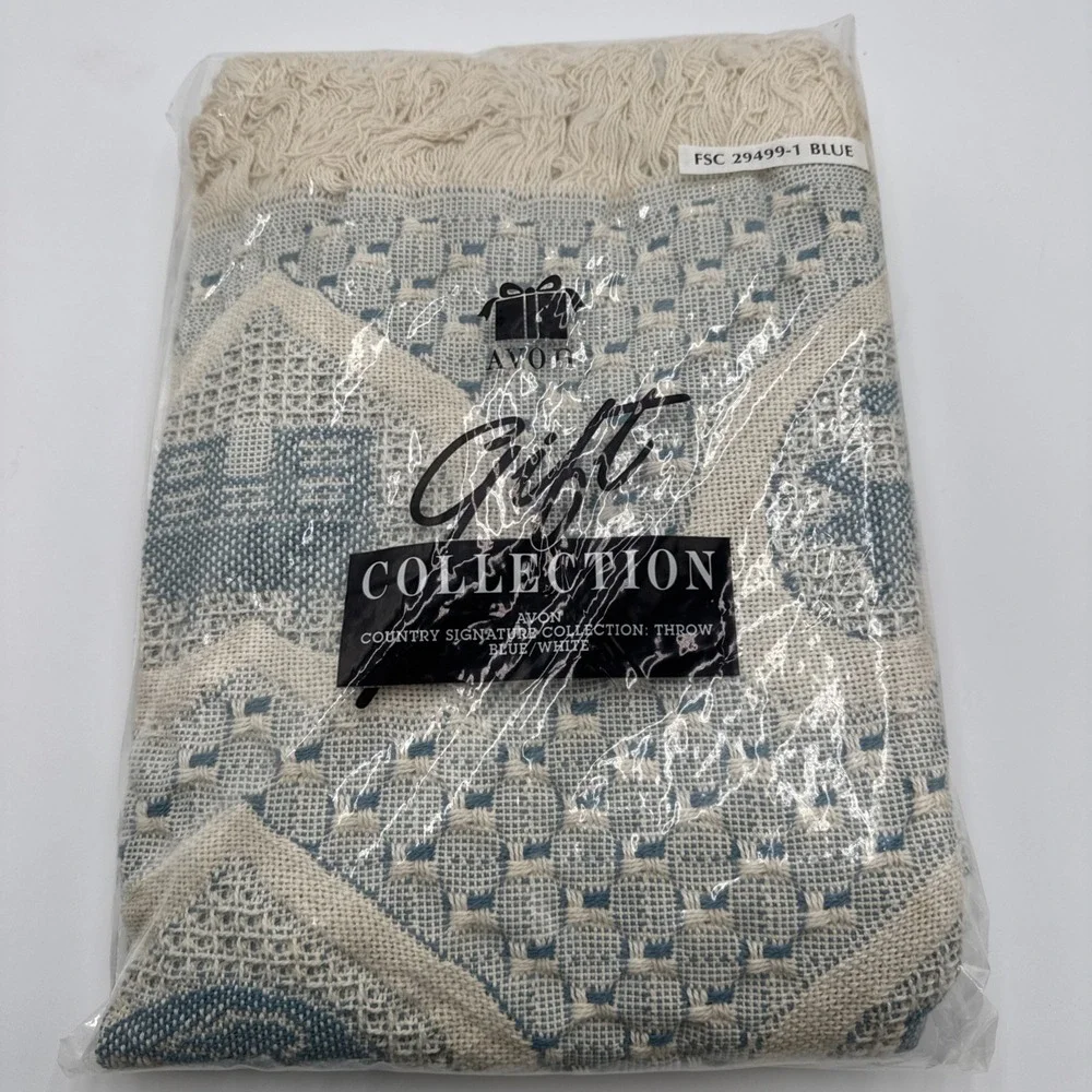 Vintage Avon Afghan Woven Throw With Fringe Grandma Core Cottage hearts Blue NIB
